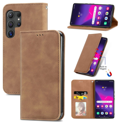Samsung Galaxy S24 Ultra 5G Retro Skin Feel Magnetic Leather Phone Case - Brown