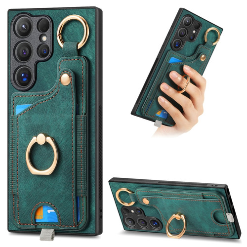 Samsung Galaxy S24 Ultra 5G Retro Skin-feel Ring Card Bag Phone Case with Hang Loop - Green