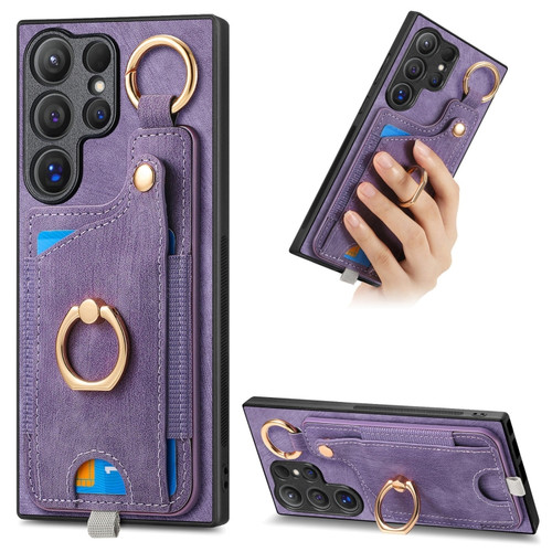 Samsung Galaxy S24 Ultra 5G Retro Skin-feel Ring Card Bag Phone Case with Hang Loop - Purple