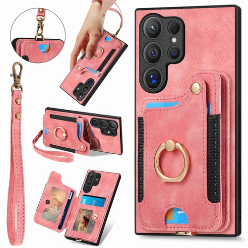Samsung Galaxy S24 Ultra 5G Retro Skin-feel Ring Multi-card Wallet Phone Case - Pink
