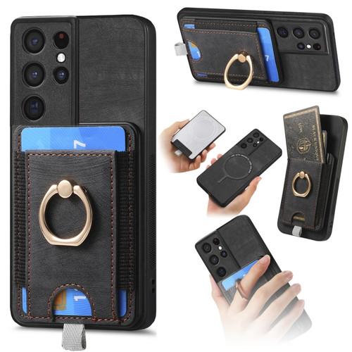 Samsung Galaxy S24 Ultra 5G Retro Splitable Magnetic Card Bag Leather Phone Case - Black