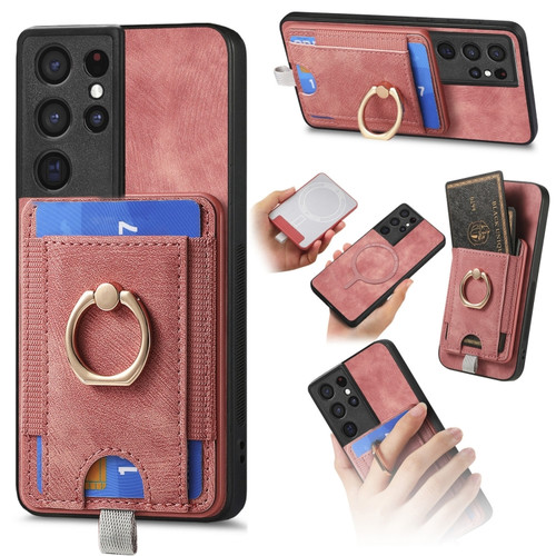Samsung Galaxy S24 Ultra 5G Retro Splitable Magnetic Card Bag Leather Phone Case - Pink