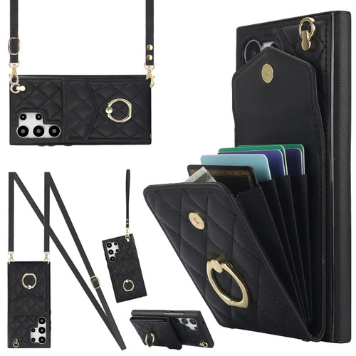 Samsung Galaxy S24 Ultra 5G Rhombic Texture Card Bag Phone Case with Long Lanyard - Black