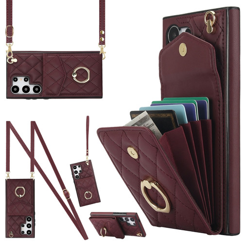 Samsung Galaxy S24 Ultra 5G Rhombic Texture Card Bag Phone Case with Long Lanyard - Wine Red