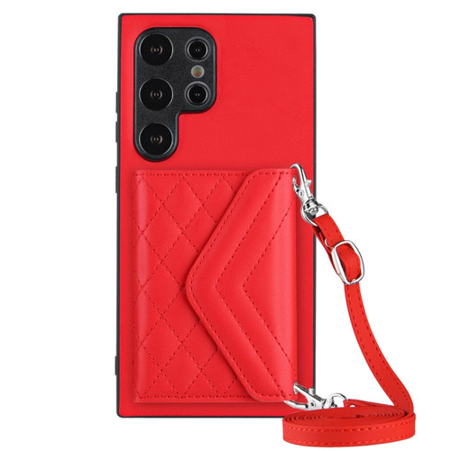 Samsung Galaxy S24 Ultra 5G Rhombic Texture Card Bag RFID Phone Case with Long Lanyard - Red