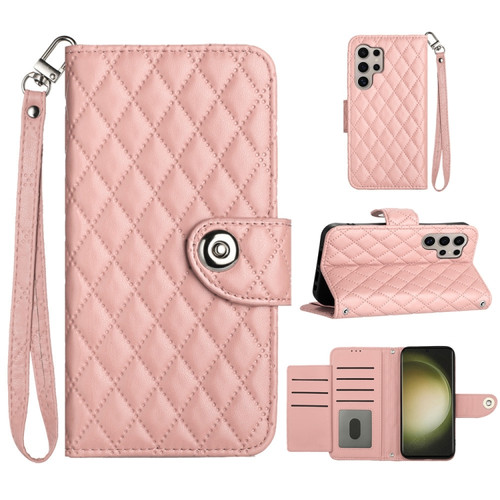 Samsung Galaxy S24 Ultra 5G Rhombic Texture Flip Leather Phone Case with Lanyard - Coral Pink