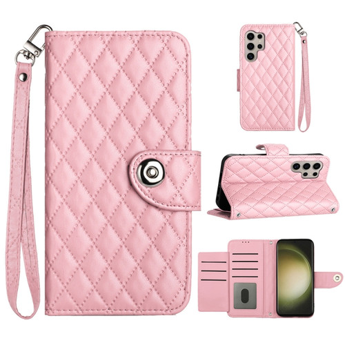 Samsung Galaxy S24 Ultra 5G Rhombic Texture Flip Leather Phone Case with Lanyard - Pink