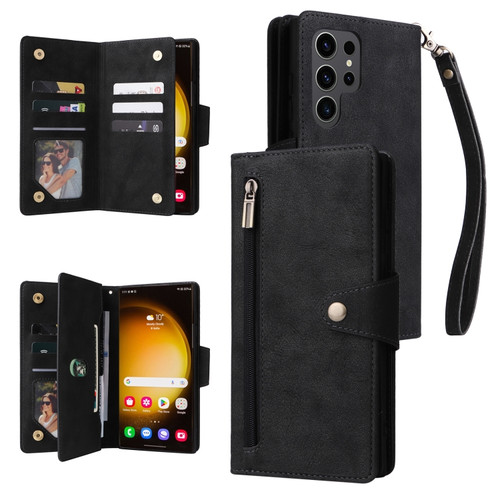 Samsung Galaxy S24 Ultra 5G Rivet Buckle 9 Cards 3-Fold Wallet Leather Phone Case - Black