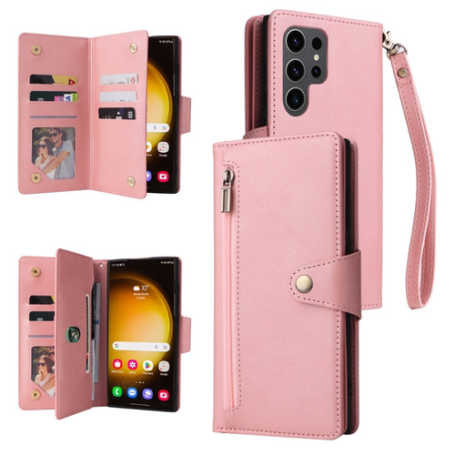 Samsung Galaxy S24 Ultra 5G Rivet Buckle 9 Cards 3-Fold Wallet Leather Phone Case - Rose Gold