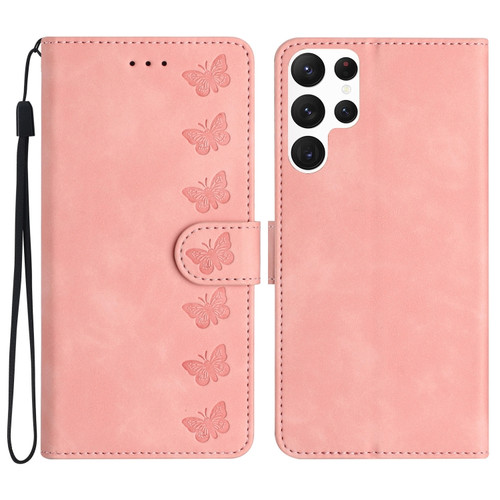 Samsung Galaxy S24 Ultra 5G Seven Butterflies Embossed Leather Phone Case - Pink