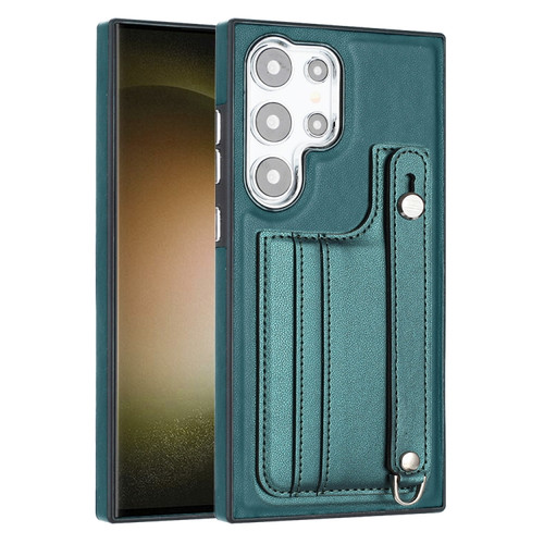 Samsung Galaxy S24 Ultra 5G Shockproof Leather Phone Case with Wrist Strap - Green