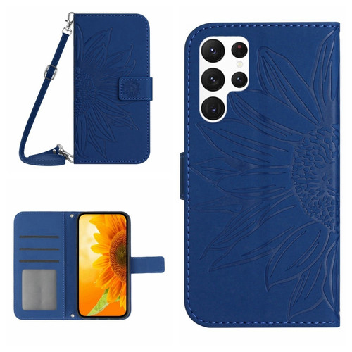 Samsung Galaxy S24 Ultra 5G Skin Feel Sun Flower Embossed Flip Leather Phone Case with Lanyard - Dark Blue