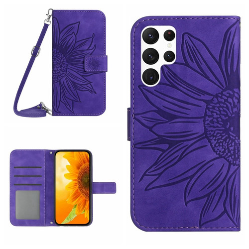Samsung Galaxy S24 Ultra 5G Skin Feel Sun Flower Embossed Flip Leather Phone Case with Lanyard - Dark Purple