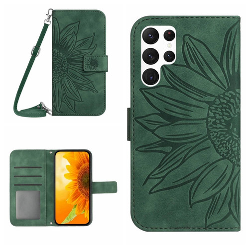 Samsung Galaxy S24 Ultra 5G Skin Feel Sun Flower Embossed Flip Leather Phone Case with Lanyard - Green