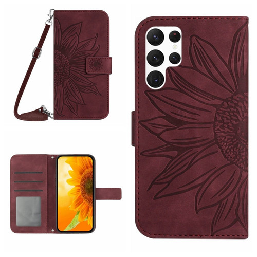 Samsung Galaxy S24 Ultra 5G Skin Feel Sun Flower Embossed Flip Leather Phone Case with Lanyard - Wine Red