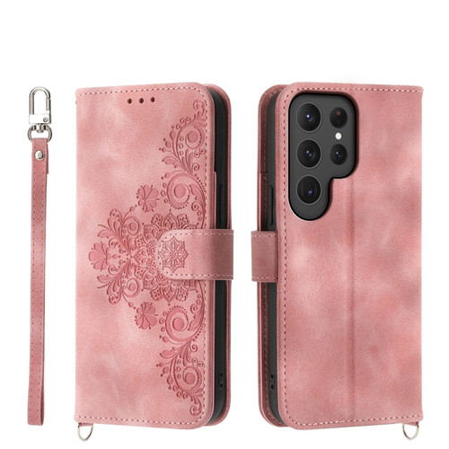 Samsung Galaxy S24 Ultra 5G Skin-feel Flowers Embossed Wallet Leather Phone Case - Pink