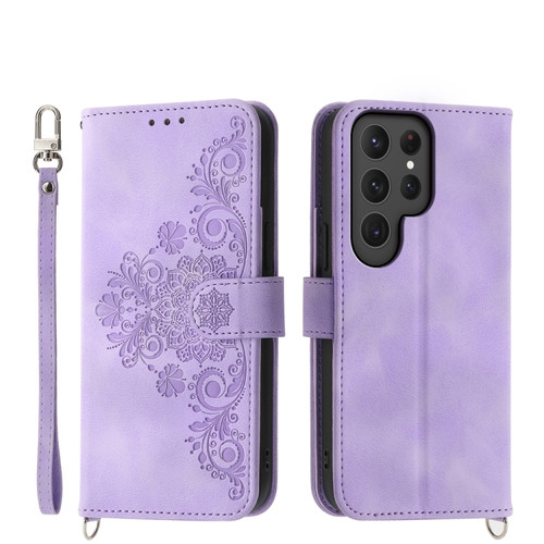 Samsung Galaxy S24 Ultra 5G Skin-feel Flowers Embossed Wallet Leather Phone Case - Purple