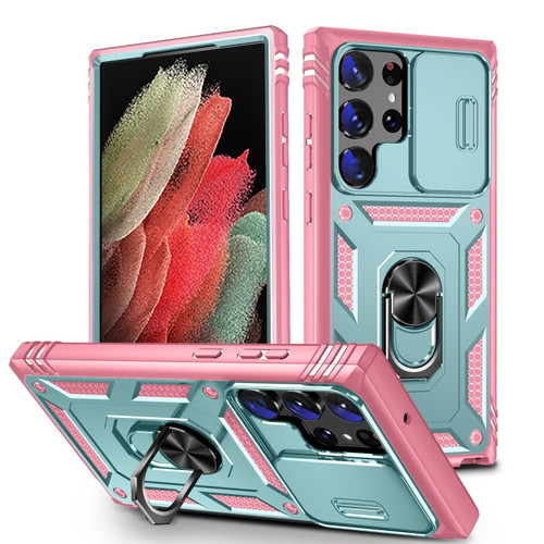 Samsung Galaxy S24 Ultra 5G Sliding Camshield TPU + PC Phone Case with Holder - Green+Pink