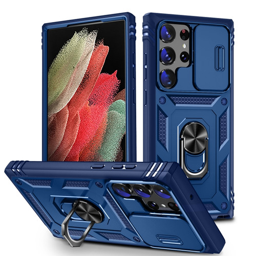Samsung Galaxy S24 Ultra 5G Sliding Camshield TPU + PC Phone Case with Holder - Navy Blue