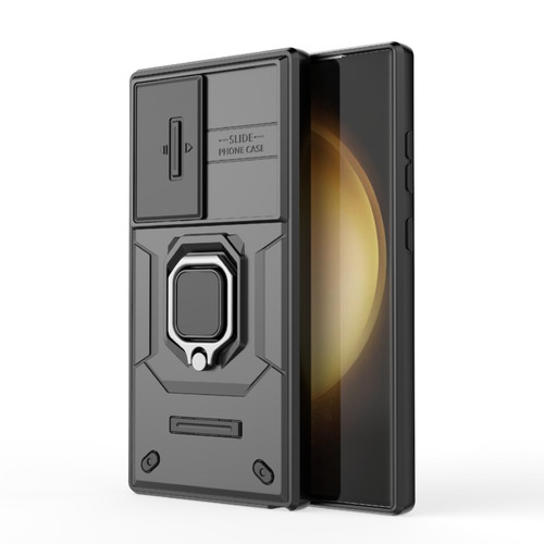 Samsung Galaxy S24 Ultra 5G Sliding Camshield TPU + PC Shockproof Phone Case with Holder - Black