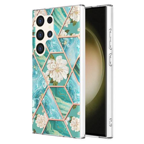 Samsung Galaxy S24 Ultra 5G Splicing Marble Flower IMD TPU Phone Case - Blue Flower