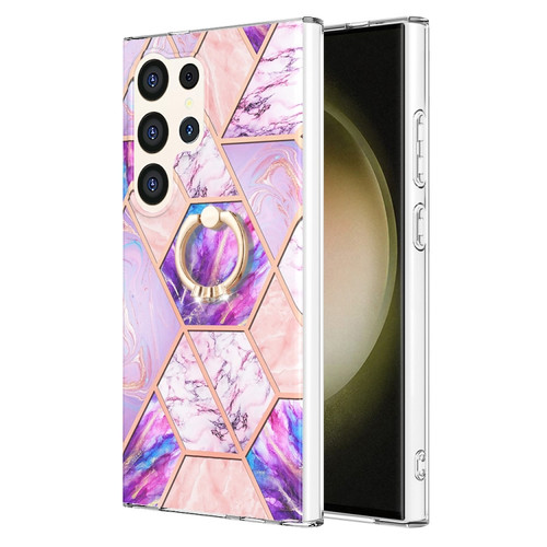 Samsung Galaxy S24 Ultra 5G Splicing Marble Flower IMD TPU Phone Case Ring Holder - Light Purple