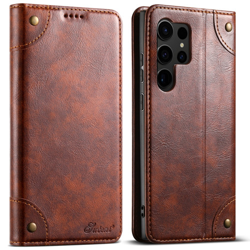 Samsung Galaxy S24 Ultra 5G Suteni Baroque Calf Texture Buckle Wallet Leather Phone Case - Khaki