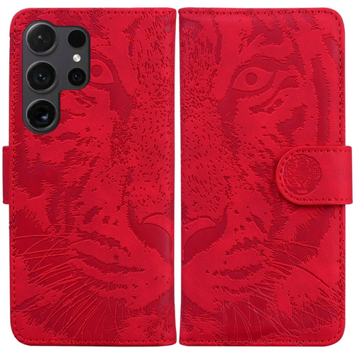 Samsung Galaxy S24 Ultra 5G Tiger Embossing Pattern Flip Leather Phone Case - Red