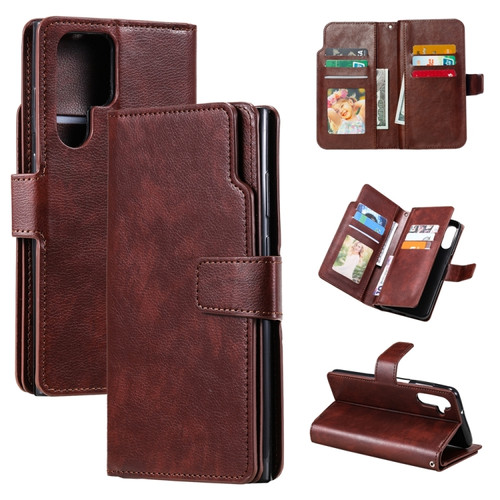 Samsung Galaxy S24 Ultra 5G Tri-Fold 9-Card Wallets Leather Phone Case - Brown