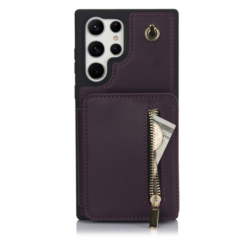 Samsung Galaxy S24 Ultra 5G YM006 Skin Feel Zipper Card Bag Phone Case with Dual Lanyard - Dark Purple
