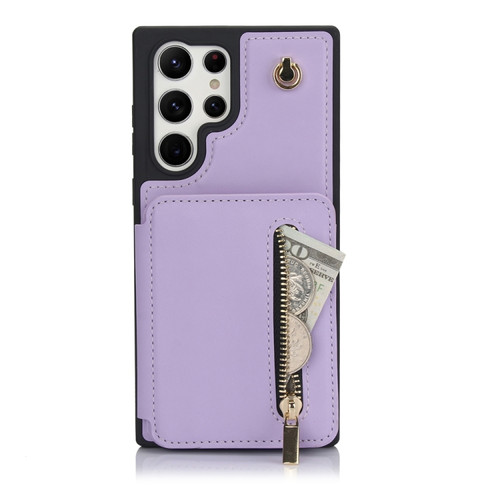 Samsung Galaxy S24 Ultra 5G YM006 Skin Feel Zipper Card Bag Phone Case with Dual Lanyard - Light Purple