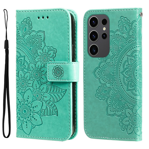 Samsung Galaxy S24 Ultra 7-petal Flowers Embossing Leather Phone Case - Green