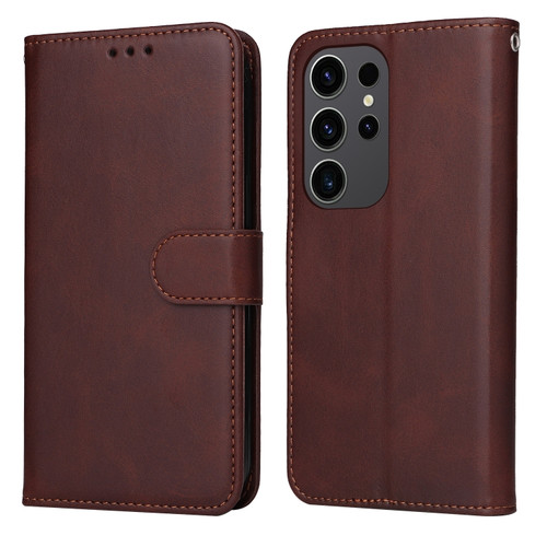 Samsung Galaxy S24 Ultra Classic Calf Texture Flip Leather Phone Case - Brown