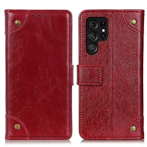 Samsung Galaxy S24 Ultra Copper Buckle Nappa Texture Leather Phone Case - Wine Red