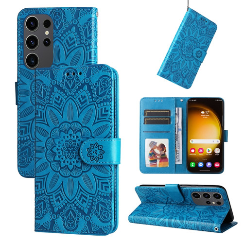 Samsung Galaxy S24 Ultra Embossed Sunflower Leather Phone Case - Blue