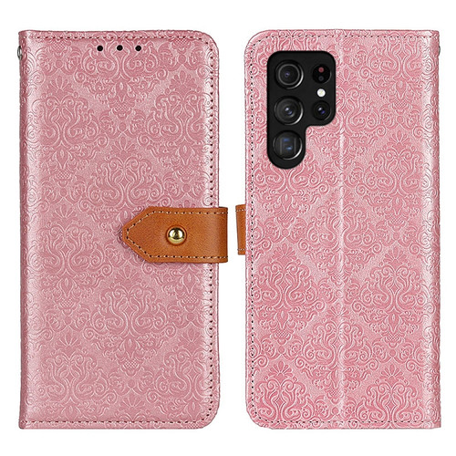 Samsung Galaxy S24 Ultra European Floral Embossed Leather Phone Case - Pink
