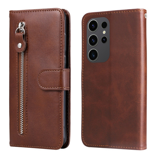 Samsung Galaxy S24 Ultra Fashion Calf Texture Zipper Leather Phone Case - Brown