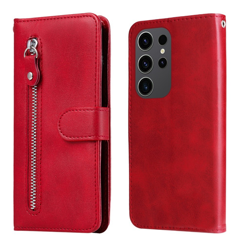 Samsung Galaxy S24 Ultra Fashion Calf Texture Zipper Leather Phone Case - Red