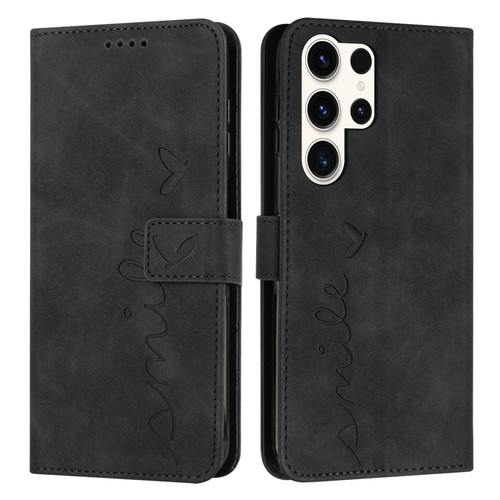 Samsung Galaxy S24 Ultra Skin Feel Heart Embossed Leather Phone Case with Long Lanyard - Black