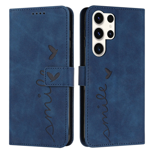 Samsung Galaxy S24 Ultra Skin Feel Heart Embossed Leather Phone Case with Long Lanyard - Blue