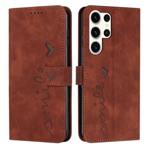 Samsung Galaxy S24 Ultra Skin Feel Heart Embossed Leather Phone Case with Long Lanyard - Brown