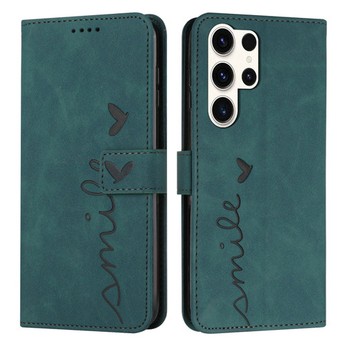 Samsung Galaxy S24 Ultra Skin Feel Heart Embossed Leather Phone Case with Long Lanyard - Green