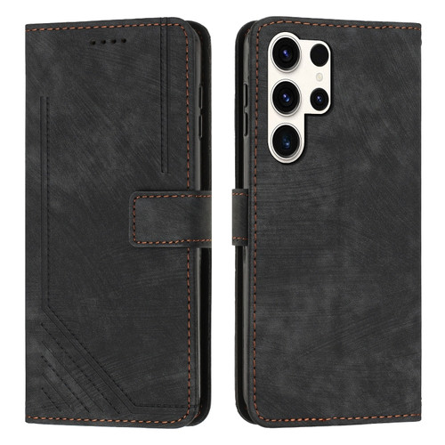 Samsung Galaxy S24 Ultra Skin Feel Stripe Pattern Leather Phone Case with Long Lanyard - Black