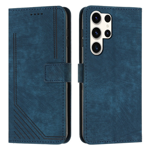 Samsung Galaxy S24 Ultra Skin Feel Stripe Pattern Leather Phone Case with Long Lanyard - Blue