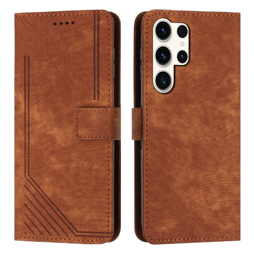Samsung Galaxy S24 Ultra Skin Feel Stripe Pattern Leather Phone Case with Long Lanyard - Brown