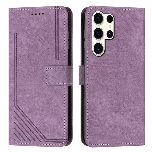 Samsung Galaxy S24 Ultra Skin Feel Stripe Pattern Leather Phone Case with Long Lanyard - Purple