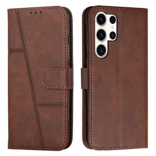 Samsung Galaxy S24 Ultra Stitching Calf Texture Buckle Leather Phone Case - Brown