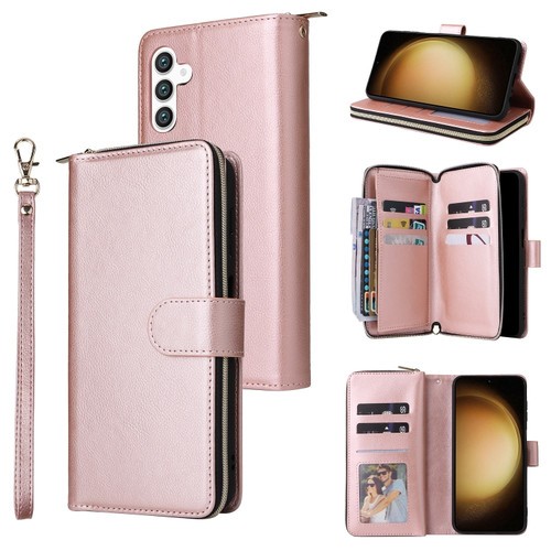 Samsung Galaxy S24+ 5G 9-Card Slots Zipper Wallet Bag Leather Phone Case - Rose Gold
