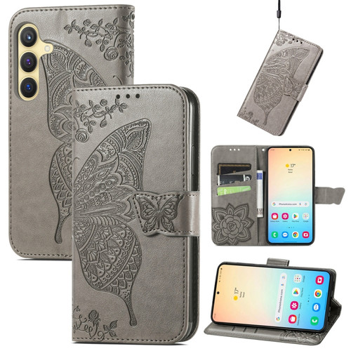 Samsung Galaxy S24+ 5G Butterfly Love Flower Embossed Leather Phone Case - Gray