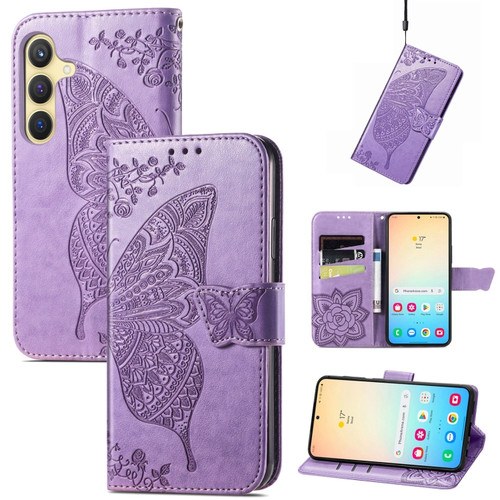 Samsung Galaxy S24+ 5G Butterfly Love Flower Embossed Leather Phone Case - Light Purple